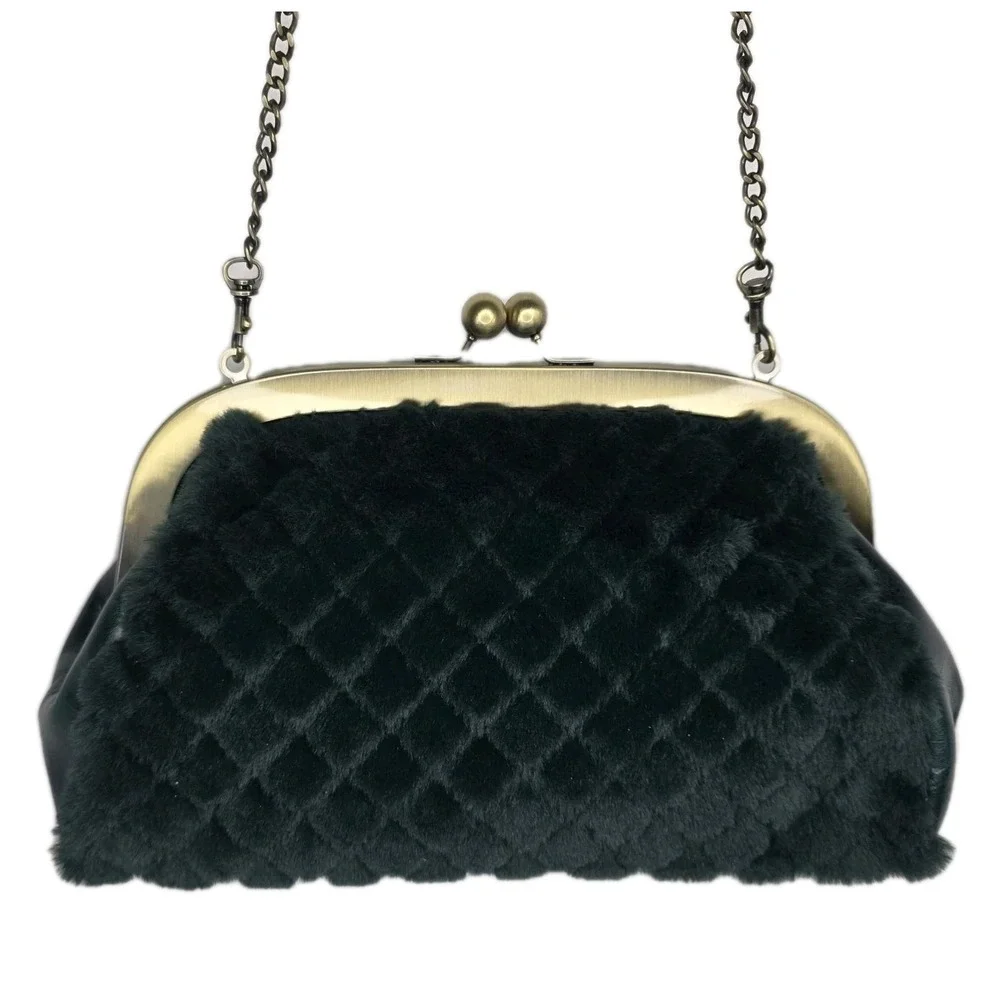 Patricia Nash Gisele Green Leather & Faux Fur Clutch Crossbody Frame Purse NWOT‎